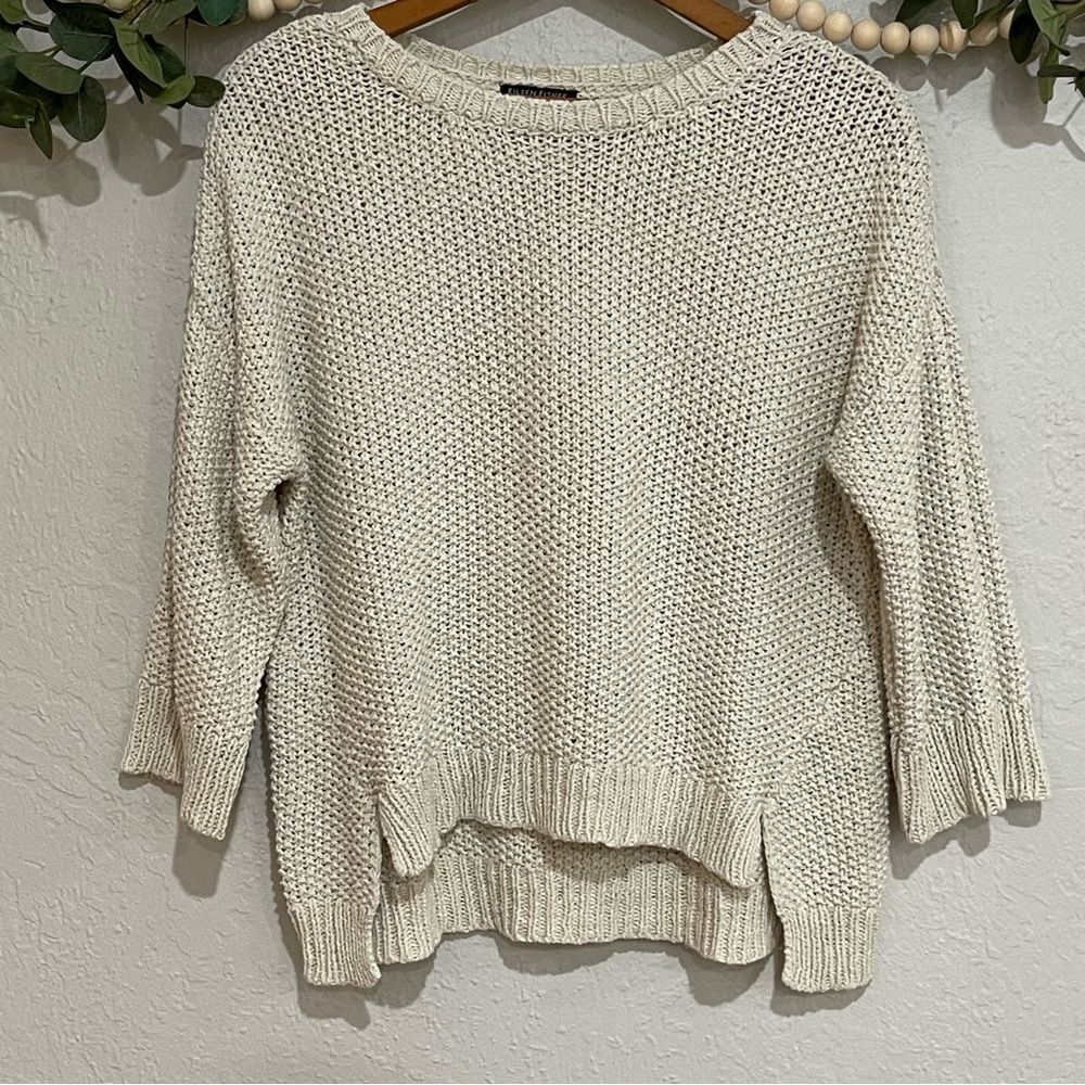 EILEEN FISHER Cotton Linen Blend 3/4 Length Sleeve Open Knit Sweater Pullover
